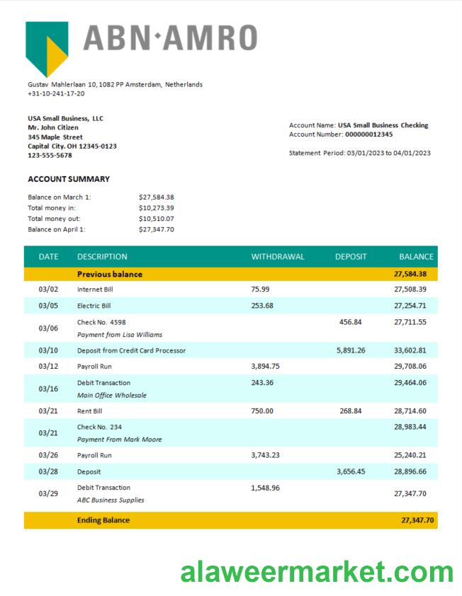 ABN Amro Bank company checking account statement Word and PDF template
